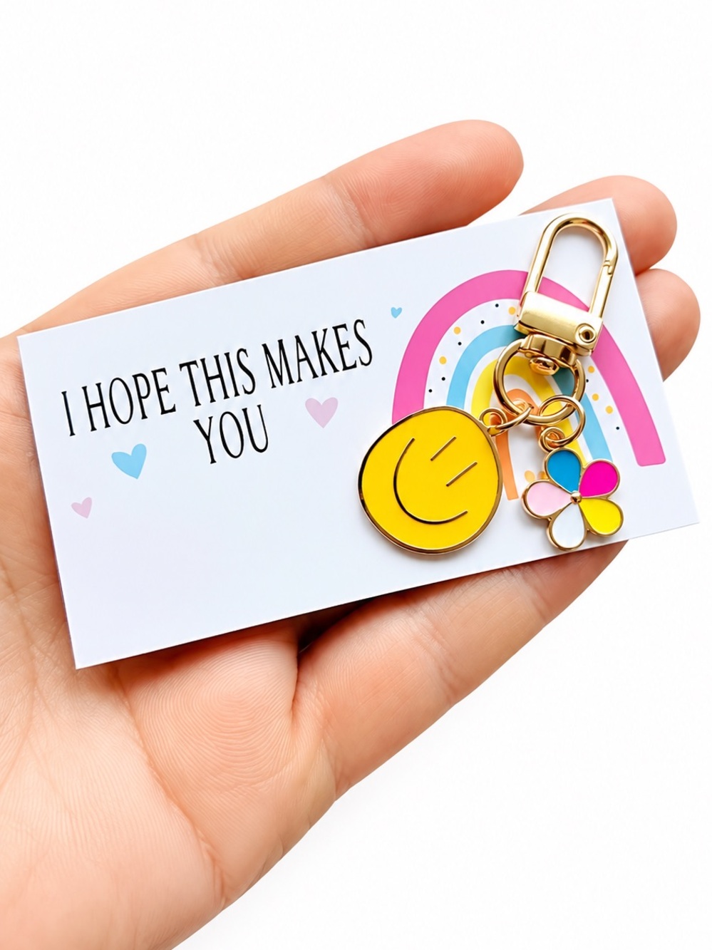 21 pcs- 7 sets Gold Clip Keychain with Yellow Smile Charm and Multicolor Flower